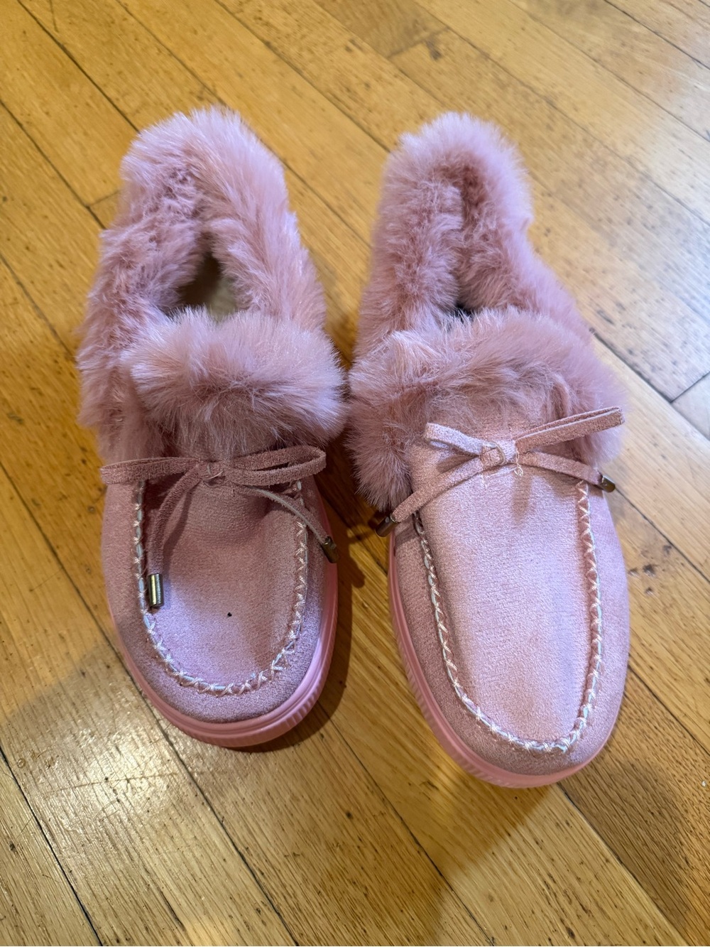 Girls Plush Pink Faux Fur Moccasin Slippers with Bow Accent
